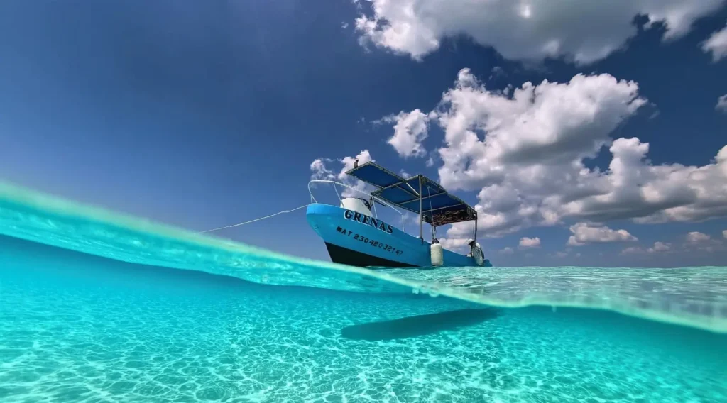 Tour boat viewed from the crystal-clear waters of Cozumel.