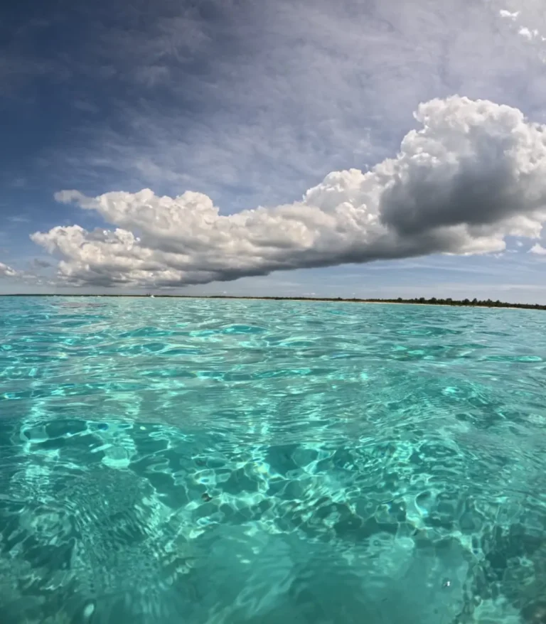 Shallow turquoise waters beneath a cloudy sky in Cozumel.